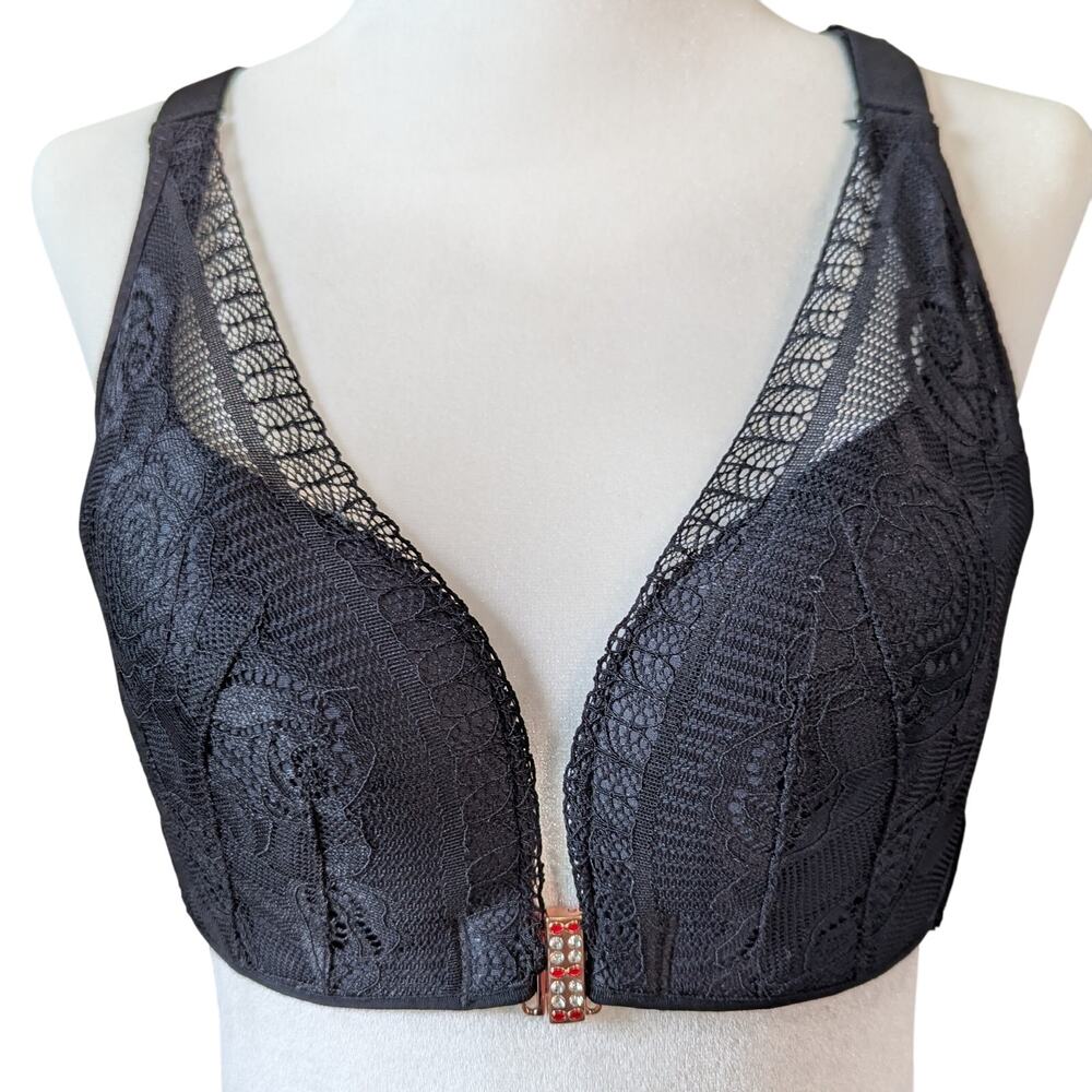 Black Lace Plunge Wireless Bra Rose Gold Clasp Adjustable Straps Band Size 36